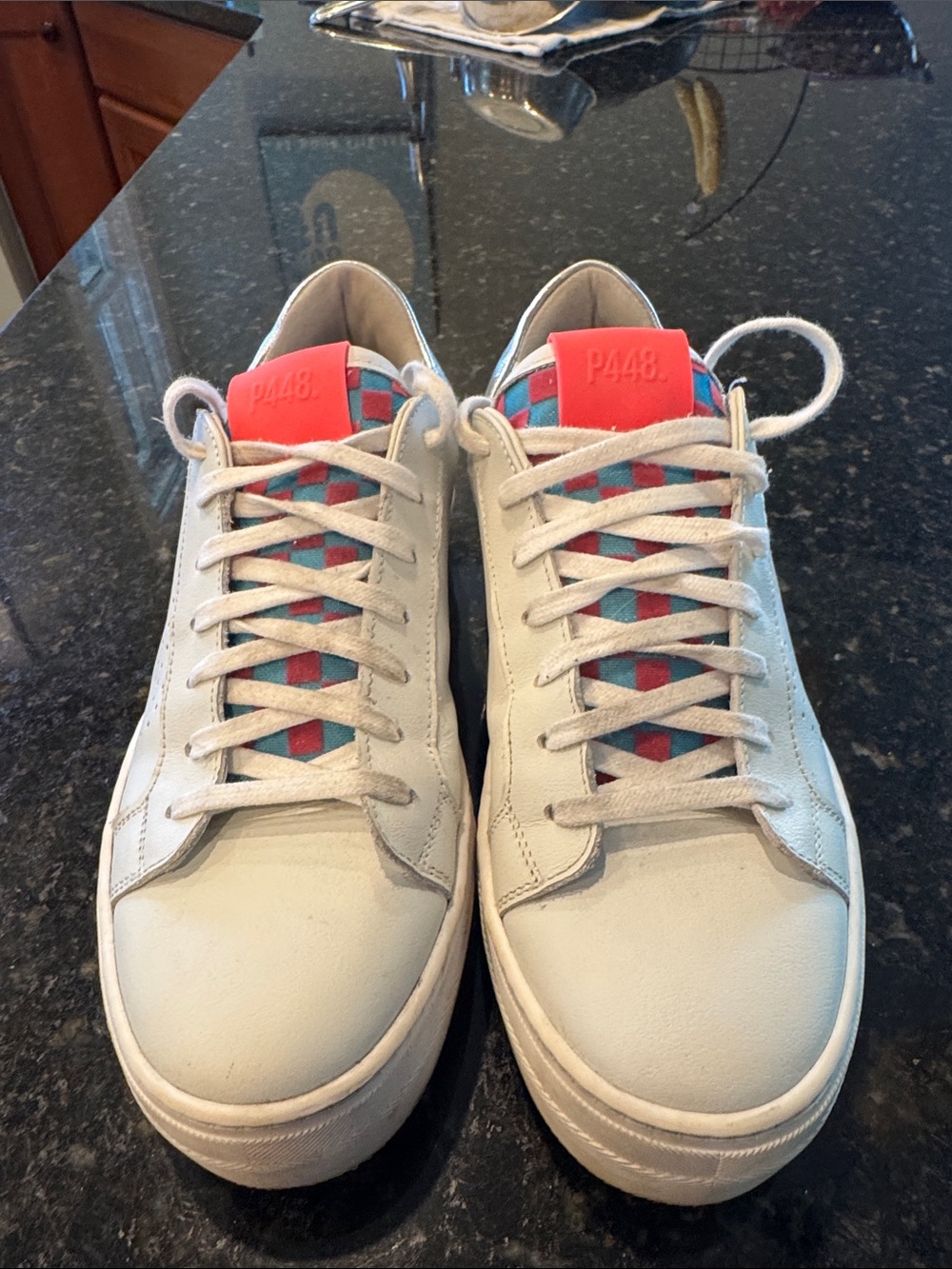 P448 Women’s White Leather Sneaker with Pink, Silver & Turquoise Accents